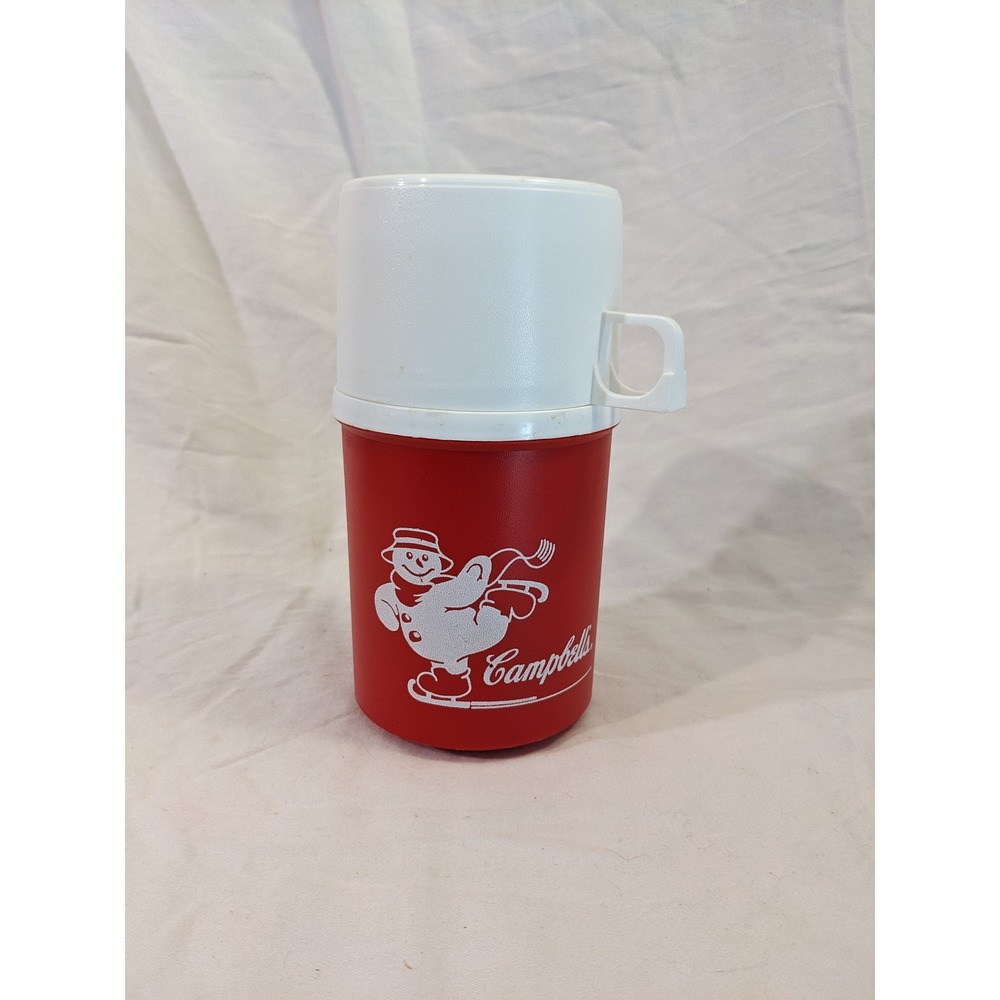 Vintage Campbells Soup Thermos Red Skating Snowman Insulated Cup 6.5 Inch